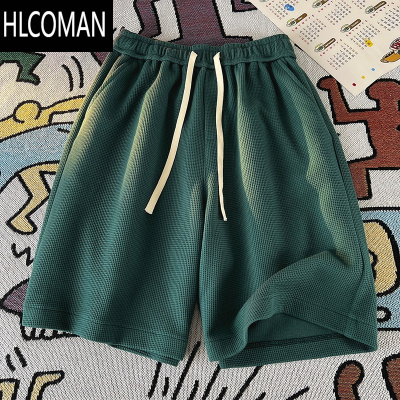 HLCOMAN墨绿色美式复古5分短裤男款夏季薄款华夫格休闲运动裤青少年裤子