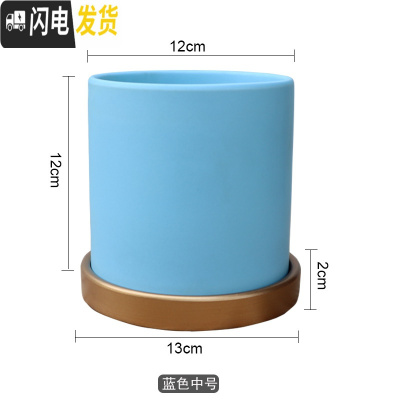 三维工匠陶瓷花盆哑光北欧黑白粉灰墨绿色圆柱形多肉盆绿萝鲜花盆栽带托盘 蓝色中号12cm(配托盘) 中等花盆容器