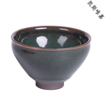 凯斯唯嘉龙窑柴烧翡翠绿建盏茶杯纯手工建阳铁胎茶盏开片主人杯家用大容量