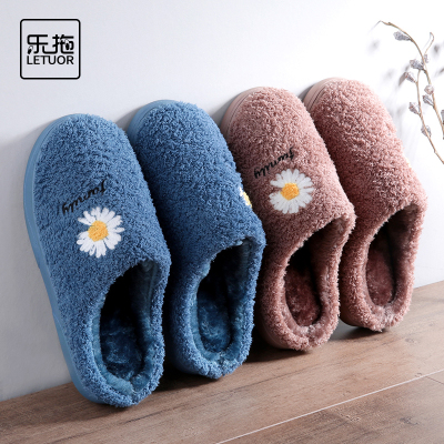 乐拖男士冬天棉拖鞋家居防滑厚底小雏菊室内保暖毛毛绒拖鞋居家用
