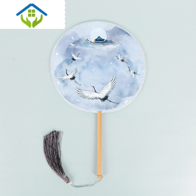 御蓝锦半透明古风团扇汉服古装舞蹈扇女工艺扇中国风古典故宫廷圆扇子八方来鹤-榉木柄