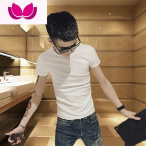 七斓网红小伙套头衬衫男韩版修身潮流帅气七分短袖潮牌社会人白色衬衣