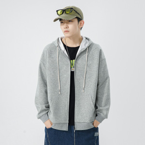 男装开衫连帽卫衣男春秋季韩版潮流落肩纯色拉链外套
