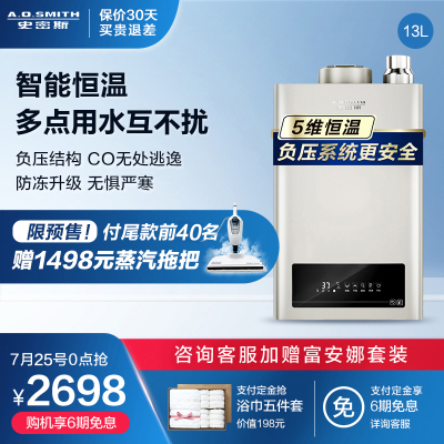 TOP1单品-AO史密斯燃气热水器天然气13升JSQ26-N3家用恒温强排式新品自营天燃气省气节能高端防冻
