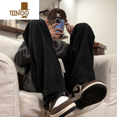 YANXU纯黑色牛仔裤男款宽松直筒抽绳oversize裤子高街美式vibe休闲长裤