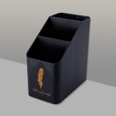 简约梯形笔筒3格隔层羽毛学生用文具复古北欧风格黑白色办公创意时尚可爱卡通收纳盒个性桌面大容量三维工匠黑底白羽毛