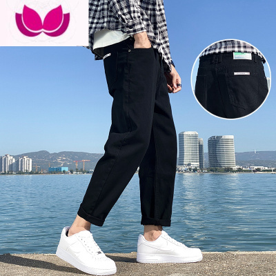 七斓夏季新款黑色牛仔裤男宽松直筒2022潮流百搭阔腿九分裤子男士潮牌