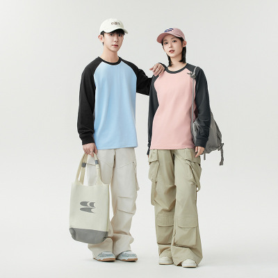 插肩袖长袖T恤糯感超细旦春秋季保暖上衣宽松撞色拼色T恤男女同款