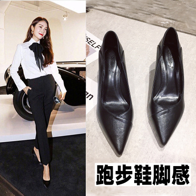 Ideamini高跟鞋女2021春秋款百搭单鞋细跟职业空姐软皮工作鞋黑色皮鞋女鞋
