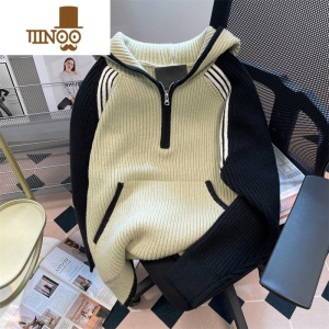 YANXU美式潮牌感港风撞色连帽毛衣男女慵懒小众半拉链针织外套 绿色 均码