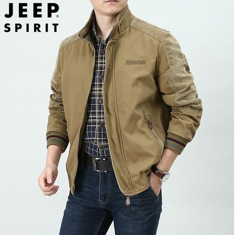 jeep spirit吉普纯棉夹克男水洗工装外套简约休闲立领上衣茄克衫