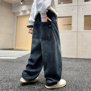 男童裤子2026春装中大童时尚男孩潮酷宽松阔腿裤儿童直筒牛仔裤潮