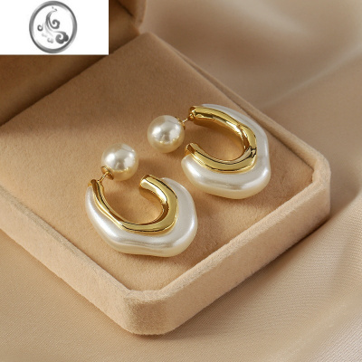 JiMiS925银针耳钉2022新款潮简约个性耳环夸张C形不规则珍珠耳饰女