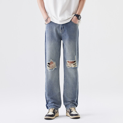 春季薄款时尚破洞裤男生新款直筒宽松休闲 潮流百搭 窄版牛仔裤男
