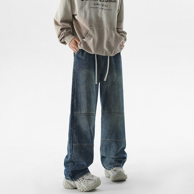 拼接拖地牛仔裤宽松直筒港风牛仔裤男基础款百搭松紧水洗青年裤子