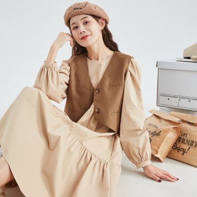 [2件8.8折]唐狮长袖连衣裙马甲早春新款大地色系两套中长款a字裙