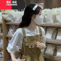 YIBUSHENG绿色背带裙女季小个子工装两件套装初中生学生连衣裙子森系装