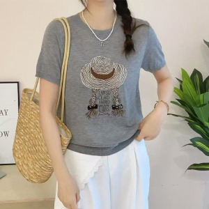 精仿针织圆领草帽女孩短袖25夏季新款百搭薄款打底衫五分袖上衣