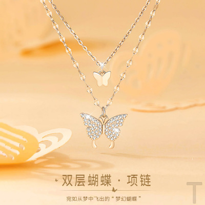 s999足银蝴蝶项链女双层叠戴轻奢小众设计2023新锁骨链高级感送女朋友老婆情人节七夕生日礼物