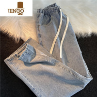 YANXU秋季新款牛仔裤男宽松直筒松紧腰纯色九分裤复古休闲坠感阔腿长裤子