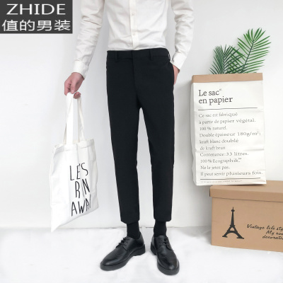 SUNTEK韩版休闲裤男修身西裤百搭直筒裤宽松九分裤小脚港风春季长裤潮流西裤