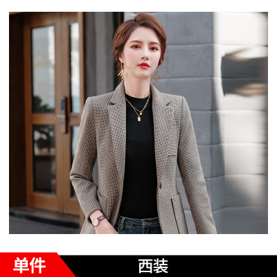 语娄千鸟格西装外套女长袖春装设计感短款小个子西服休闲咖色格子上衣2021西装