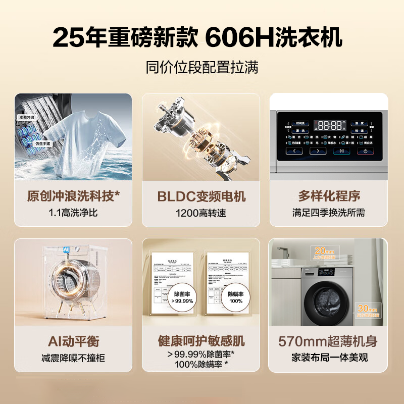 海尔(Haier)初色系列 变频 滚筒洗衣机 超薄 巴氏除菌 1.1洗净比 MATE2S升级款 XQG100-606H