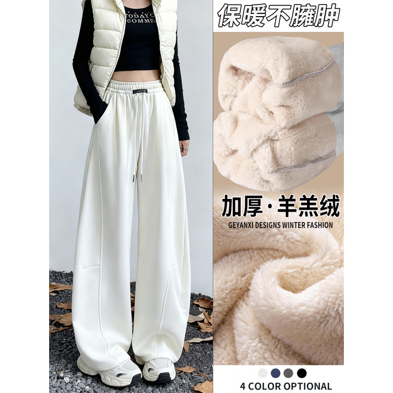 白色加绒运动裤女秋冬季大码宽松胖mm显瘦加厚羊羔绒阔腿卫裤