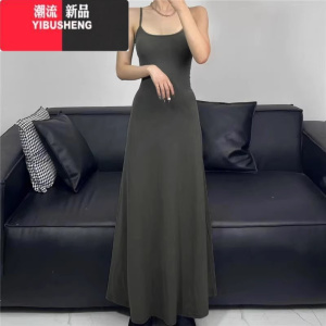 YIBUSHENG大码胖mm法式气质黑色修身显瘦吊带连衣裙子女春2024新款长裙潮