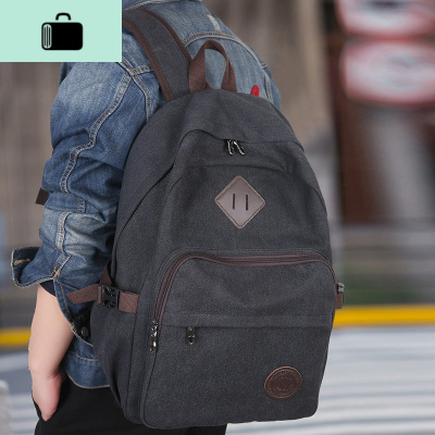 男士双肩包休闲帆布背包大容量旅游旅行包中大学生书包复古潮流包NEW LAKE 黑色