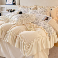 法式高克重牛奶绒四件套婴儿绒花边加绒保暖秋冬防静电刺绣床套件