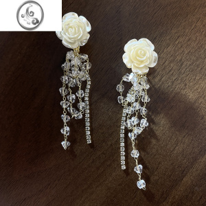 JiMi山茶花水晶耳夹长款流苏蚊香盘无耳洞耳环女个性时尚耳饰2023新款 耳夹