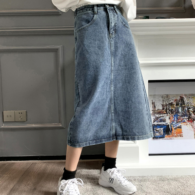 YIBUSHENG大码半身裙女胖妹妹mm春2021新款高腰a字复古中长款开叉牛仔裙子大码女装