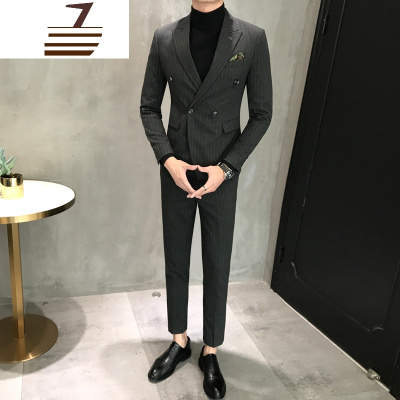 NEWLAKE韩版条纹双排扣西服男套装商务正装英伦风修身青年潮流休闲小西装