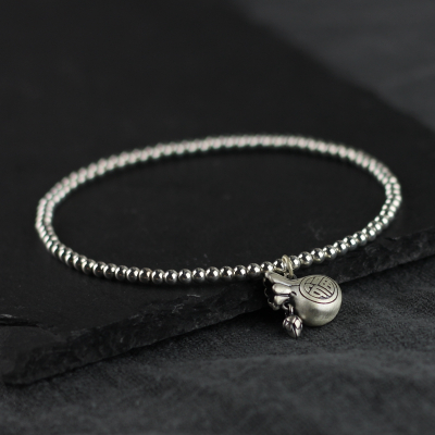 银珠手串925纯银复古圆珠简约民族风饰品原创银饰福袋钱袋手链送女朋友老婆情人节七夕生日礼物