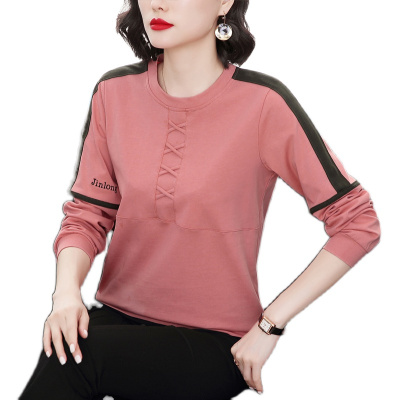 语娄春秋长袖t恤女纯棉韩版大码宽松中年妈妈秋装上衣拼接减龄打底衫2021大码女装