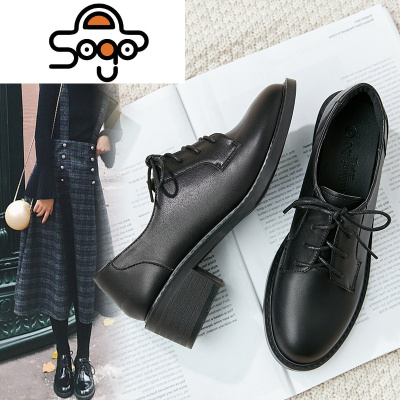 七色王国皮小皮鞋女冬季黑色英伦风粗跟舒适百搭中跟高跟加绒软底工作鞋休闲鞋