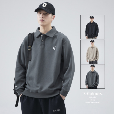 |男装春季polo衫宽松长袖翻领时尚男士百搭青年纽扣卫衣潮