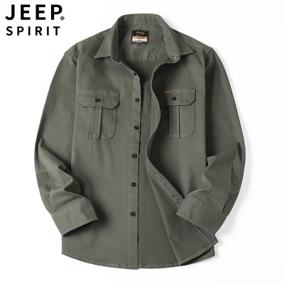 JEEP SPIRIT吉普男士衬衫纯色斜纹布长袖衬衣工装户外秋冬厚款男式休闲弹力长衬