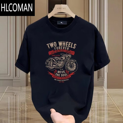 HLCOMAN潮牌短袖t恤男夏季复古摩托机车印花正肩圆领半袖体恤男