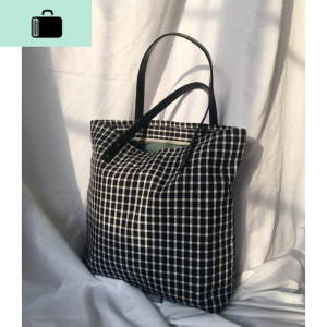 LU工作室 小众设计复古文艺日系黑白格子帆布包女单肩大容量包包NEW LAKE 黑白格子女士单肩包 黑白格子