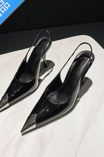 SUNTEK黑色高跟鞋女2023春季新款细跟御姐风配礼服金属尖头性感包头凉鞋