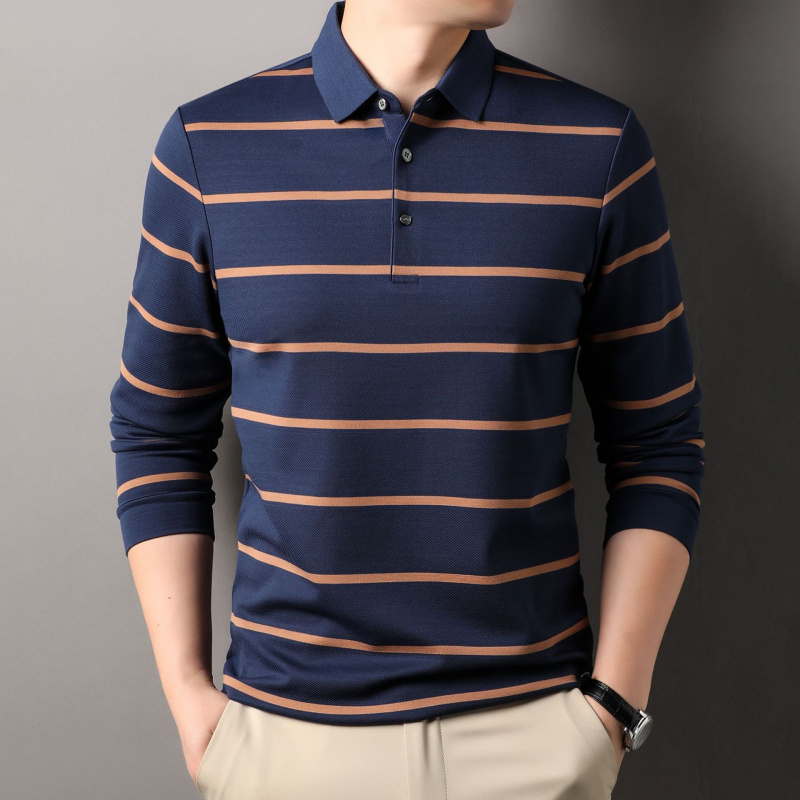310克色织长袖男士polo衫2025春季新款长袖条纹休闲透气长袖T恤男