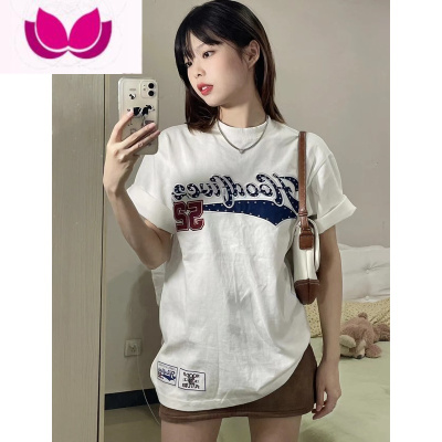 七斓美式复古白色印花短袖T恤女夏季小众简约下衣失踪上衣潮