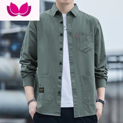 七斓质免烫宽松版长袖工装衬衫男士外套款休闲衬衣男装上衣