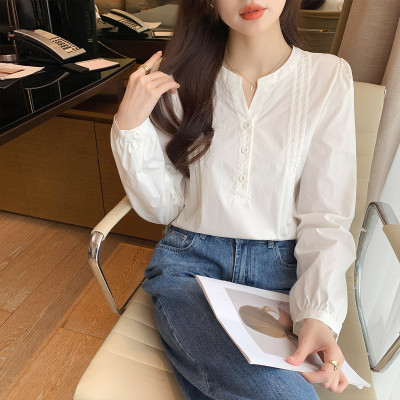 [3件8.5折63.8元,叠加优惠券]唐狮秋季新款女圆领褶皱长袖衬衫百搭别致减龄气质时尚潮流