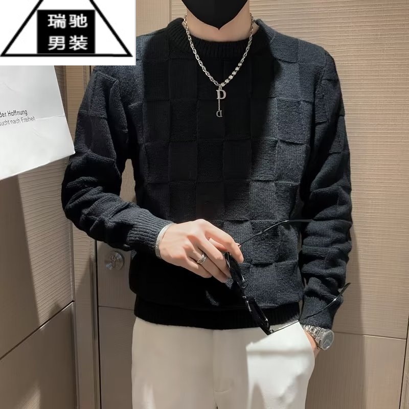 希杰狮王圆领毛衣男纯色棋盘格子宽松休闲衫线衣时尚男装打底针织衫男