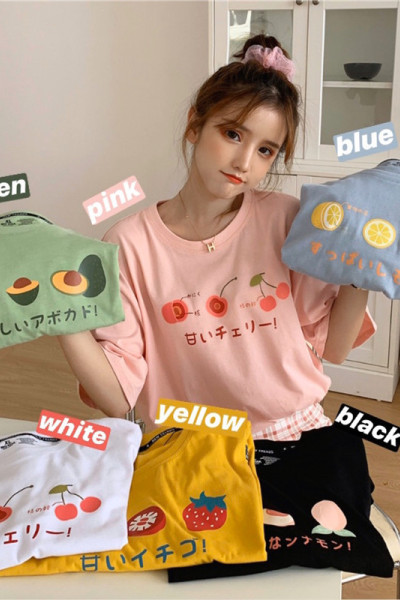 水果印花over size韩国女装宽松短袖T恤女休闲上衣女