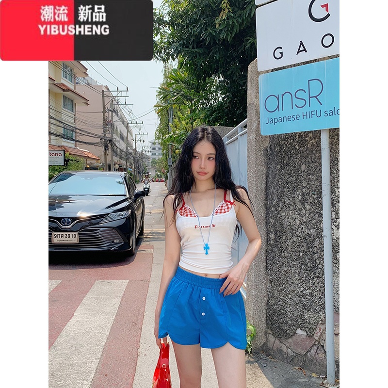YIBUSHENG蓝色宽松休闲裤女季松紧腰直筒阔腿裤子薄款运动裤显瘦拖地长裤