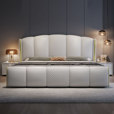 意式真皮床轻奢现代简约双人床主卧室满铺榫卯实木储物床软包婚床